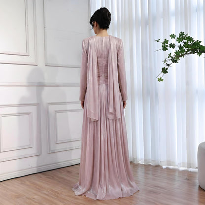 Modest Beige Corset Long Evening Dress With Cape LA73418