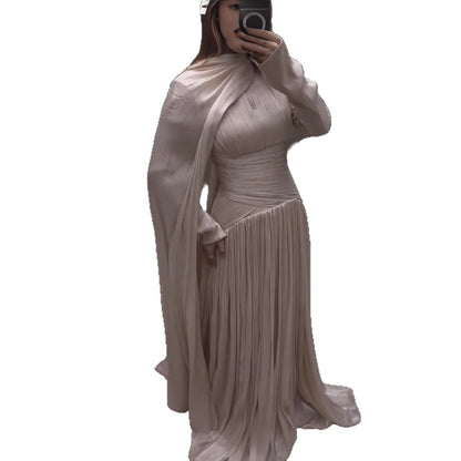 Modest Beige Corset Long Evening Dress With Cape LA73418