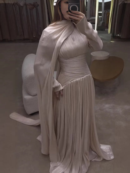 Modest Beige Corset Long Evening Dress With Cape LA73418