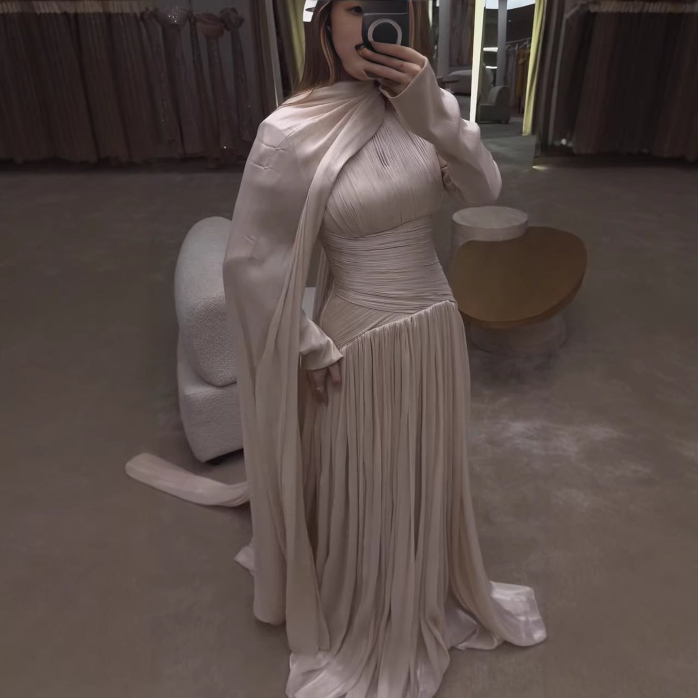 Modest Beige Corset Long Evening Dress With Cape LA73418