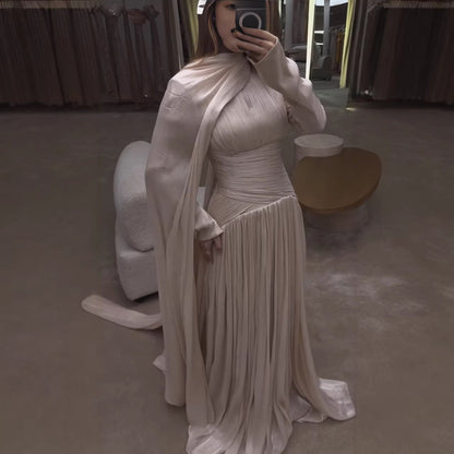 Modest Beige Corset Long Evening Dress With Cape LA73418