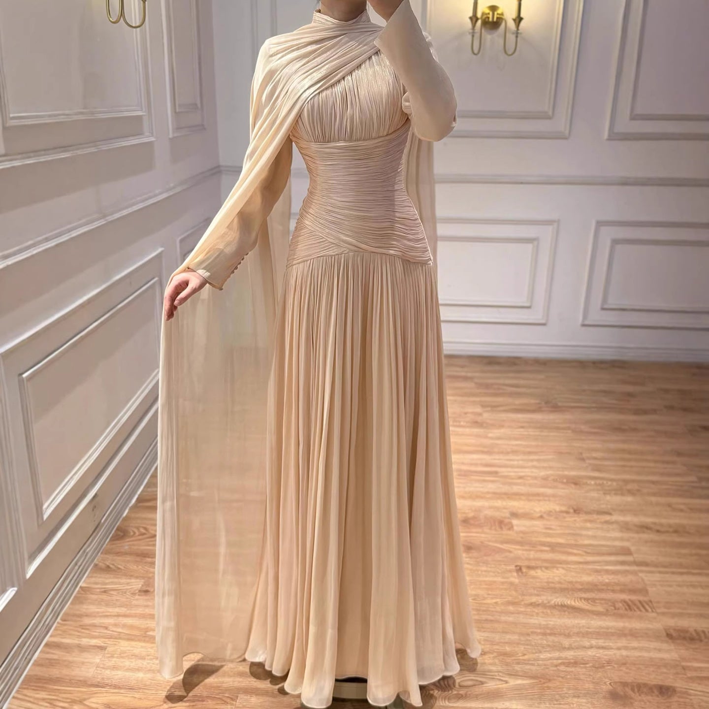 Modest Beige Corset Long Evening Dress With Cape LA73418