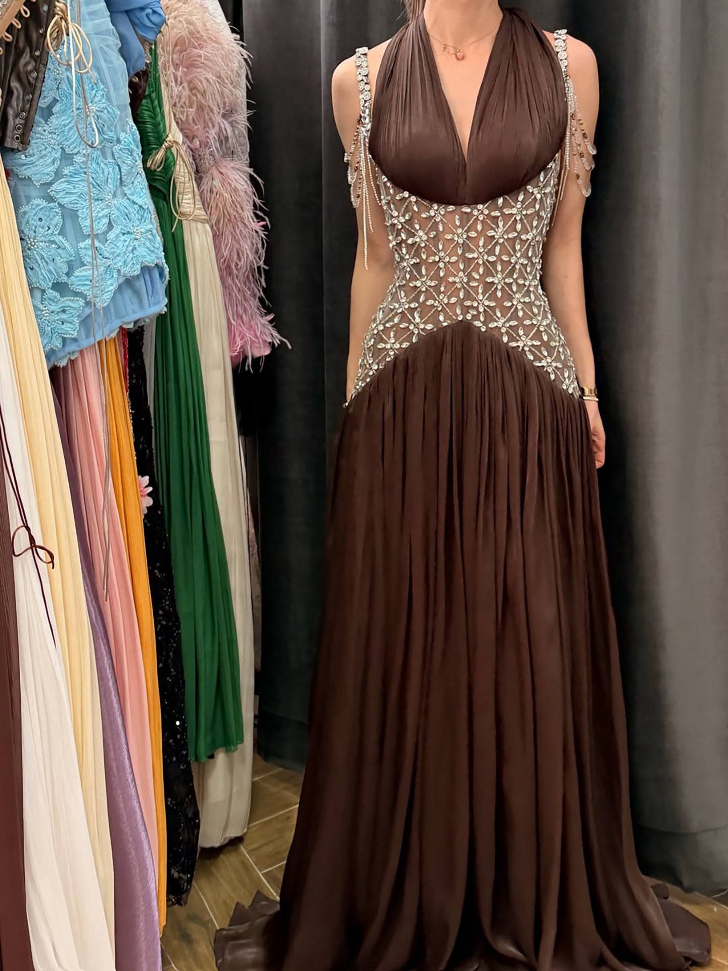 Luxury Turquoise Crystal Beaded A-Line Evening Dress LA73421
