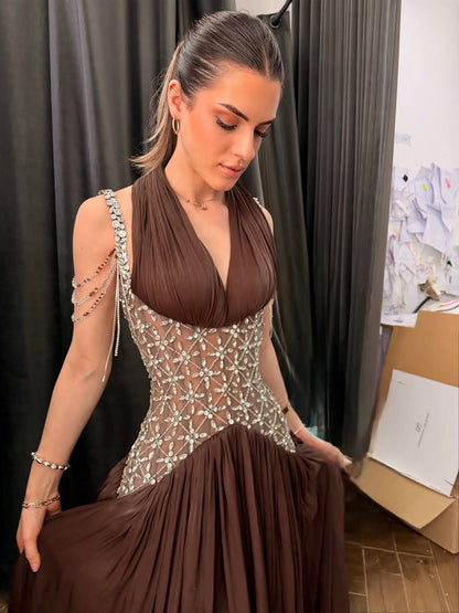 Luxury Turquoise Crystal Beaded A-Line Evening Dress LA73421