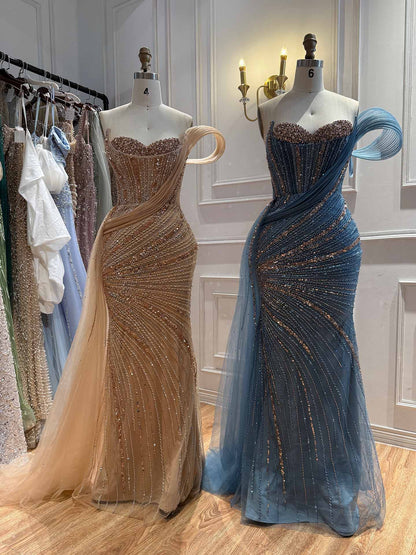 Luxury Nude Beaded Mermaid Evening Dress With Overskirt LA73425B
