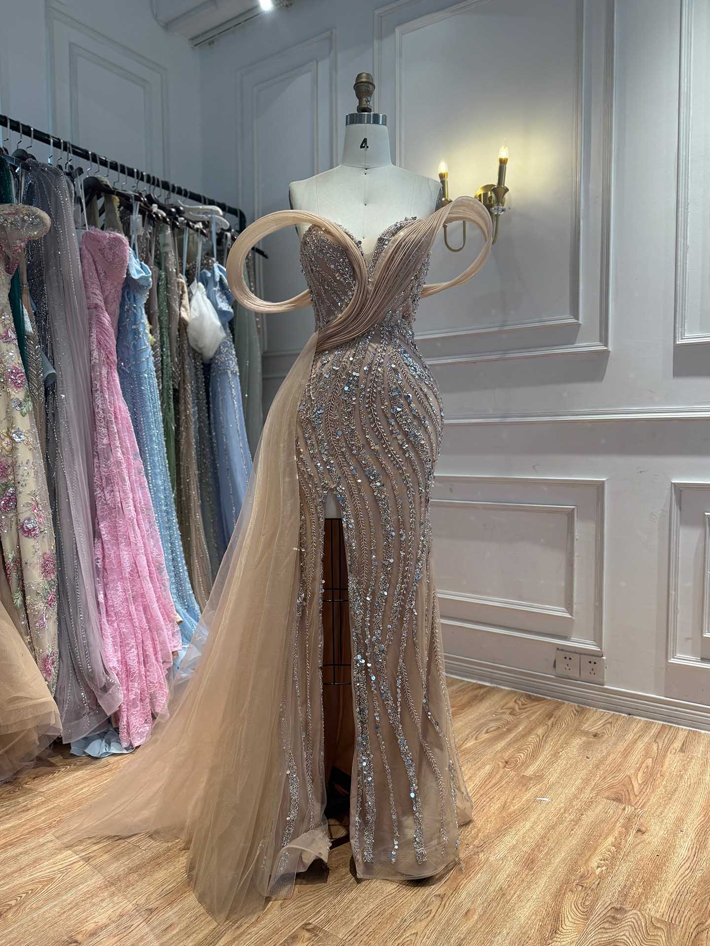 Luxury Nude Sequin Beaded Mermaid Dress With High Slit LA73914