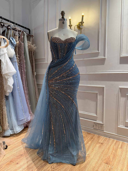 Luxury Nude Sequin Beaded Mermaid Dress With High Slit LA73914