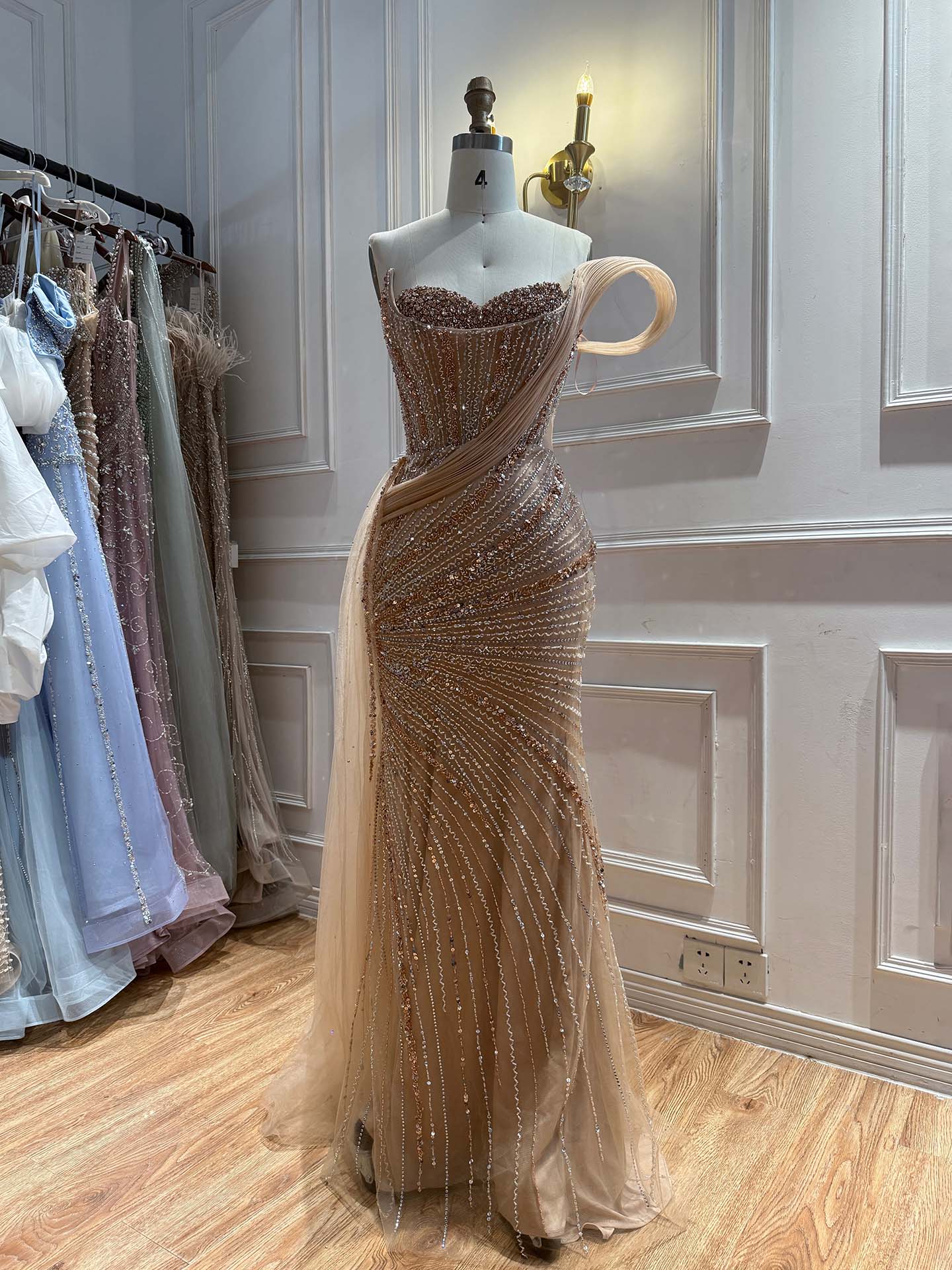 Luxury Nude Beaded Mermaid Evening Dress With Overskirt LA73425B