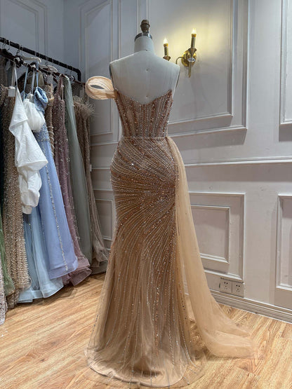 Luxury Nude Beaded Mermaid Evening Dress With Overskirt LA73425B