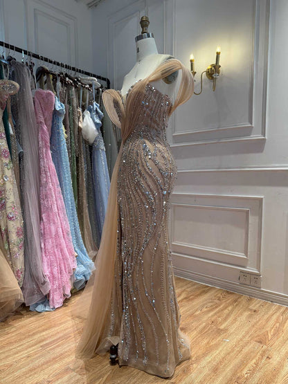 Luxury Nude Sequin Beaded Mermaid Dress With High Slit LA73914