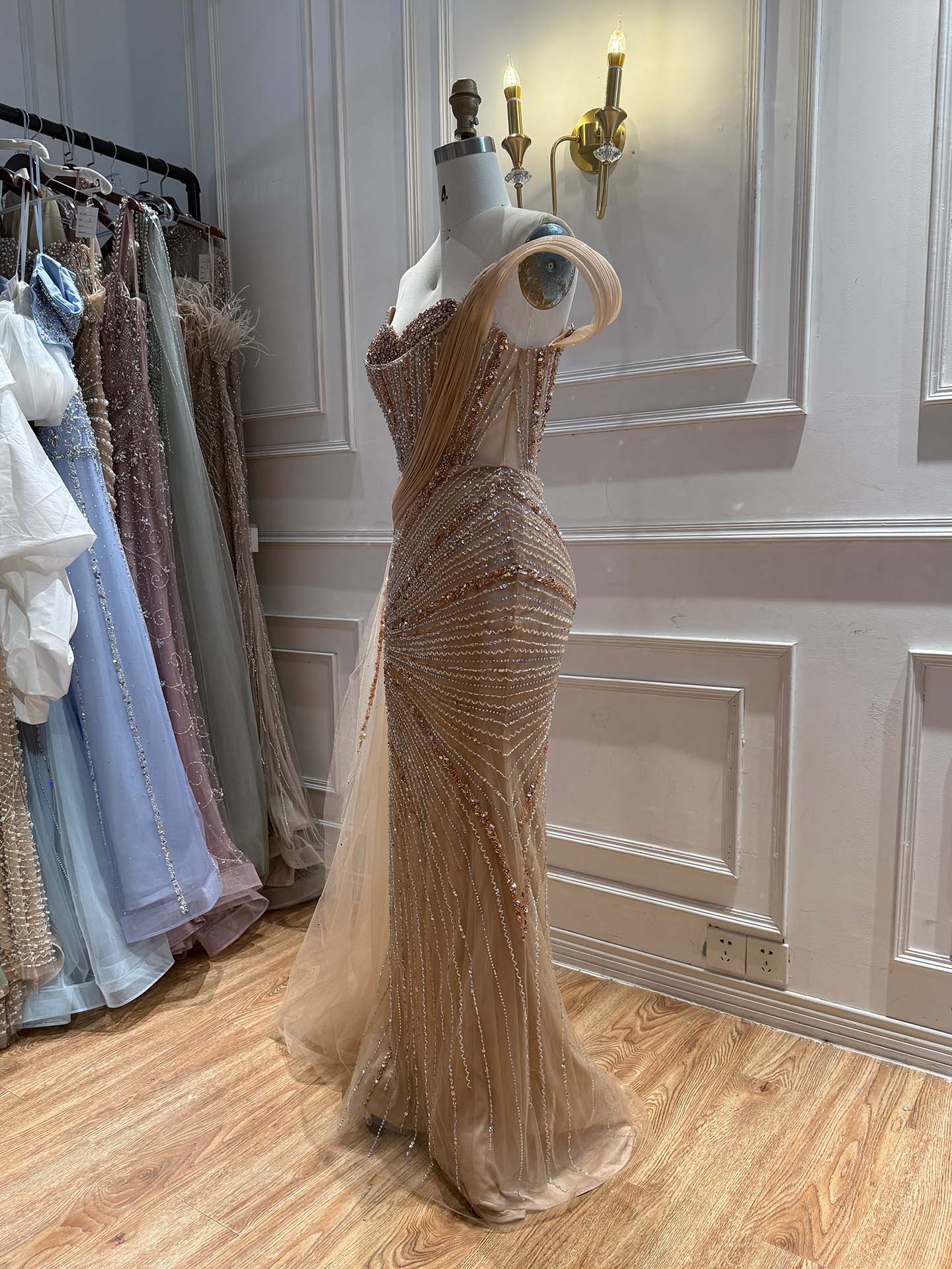 Luxury Nude Beaded Mermaid Evening Dress With Overskirt LA73425B