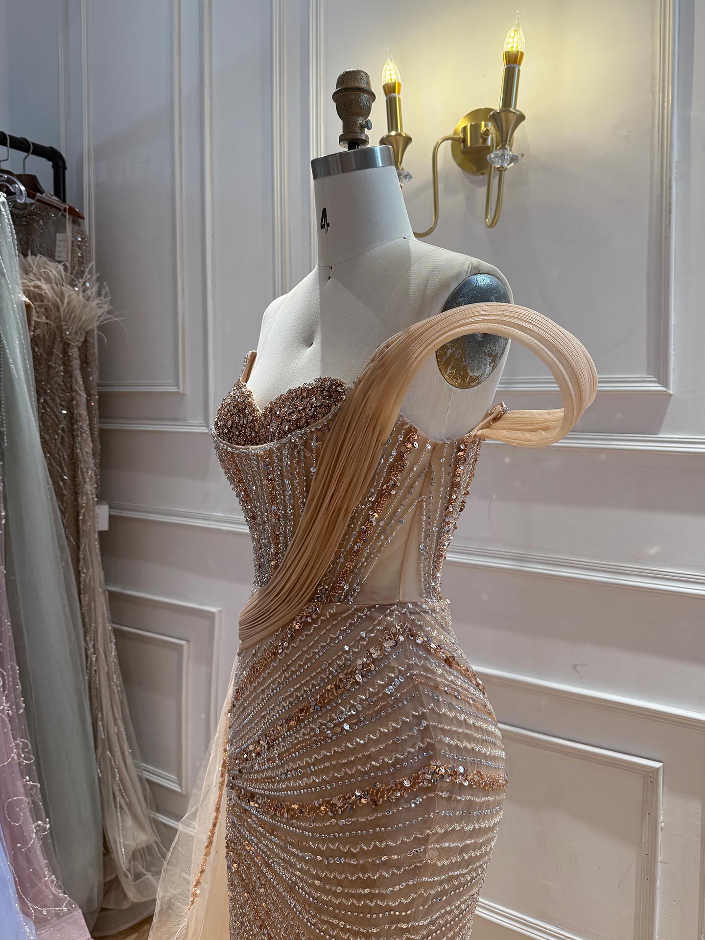 Luxury Nude Beaded Mermaid Evening Dress With Overskirt LA73425B