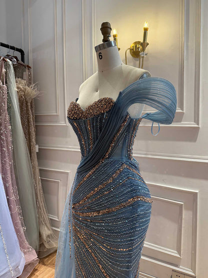 Luxury Nude Beaded Mermaid Evening Dress With Overskirt LA73425B