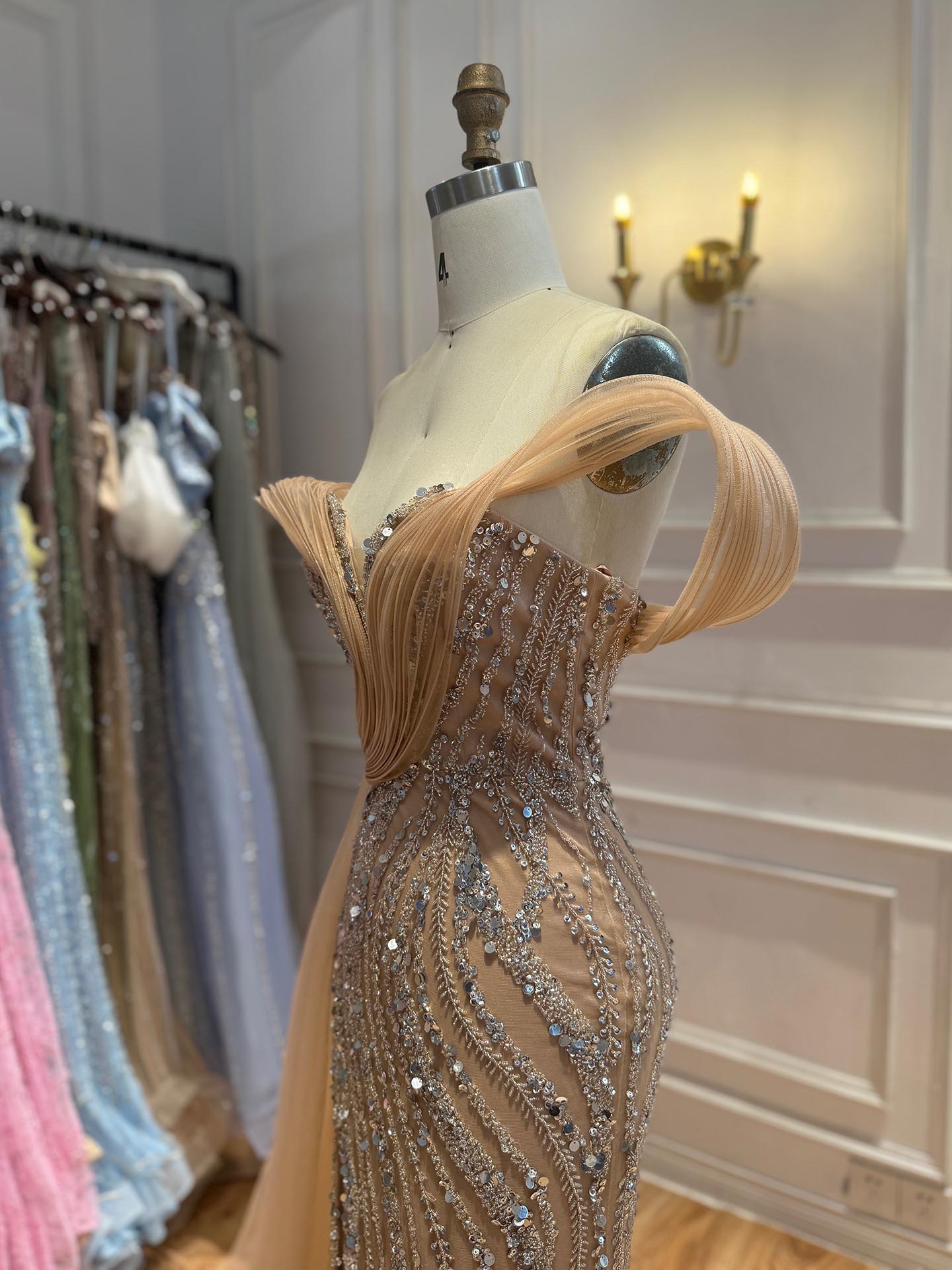 Luxury Nude Sequin Beaded Mermaid Dress With High Slit LA73914