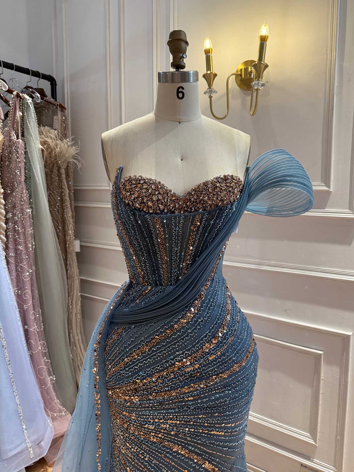 Luxury Nude Sequin Beaded Mermaid Dress With High Slit LA73914