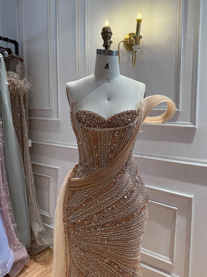 Luxury Nude Beaded Mermaid Evening Dress With Overskirt LA73425B