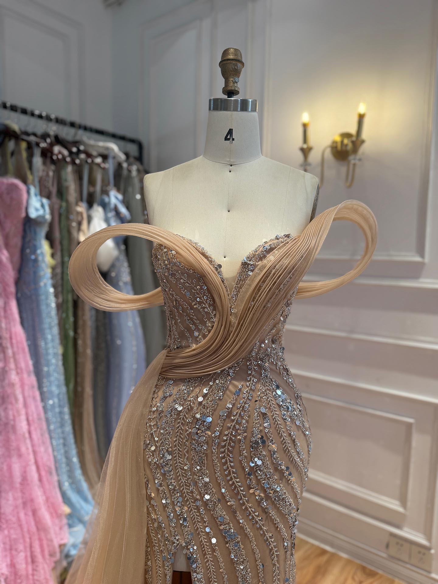 Luxury Nude Sequin Beaded Mermaid Dress With High Slit LA73914