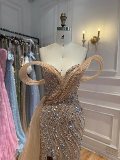 Luxury Nude Sequin Beaded Mermaid Dress With High Slit LA73914