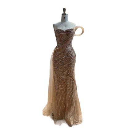 Luxury Nude Beaded Mermaid Evening Dress With Overskirt LA73425B