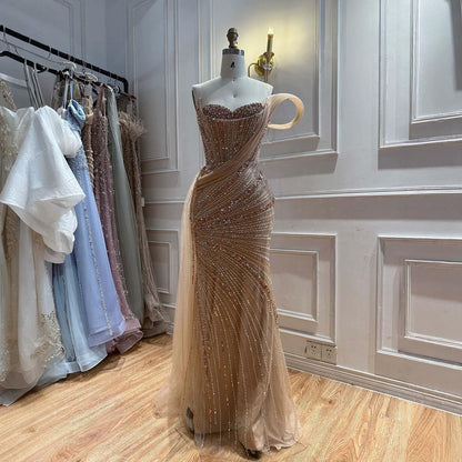 Luxury Nude Beaded Mermaid Evening Dress With Overskirt LA73425B