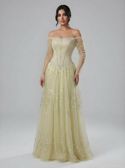 Luxury Arabic Blue Off Shoulder Beaded A-Line Evening Dress with Sleeves LA73464