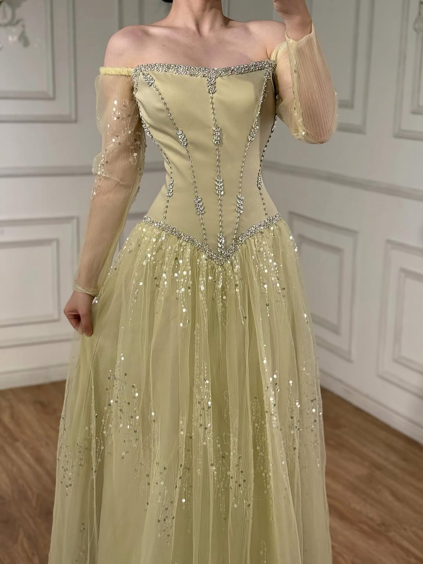 Luxury Arabic Blue Off Shoulder Beaded A-Line Evening Dress with Sleeves LA73464