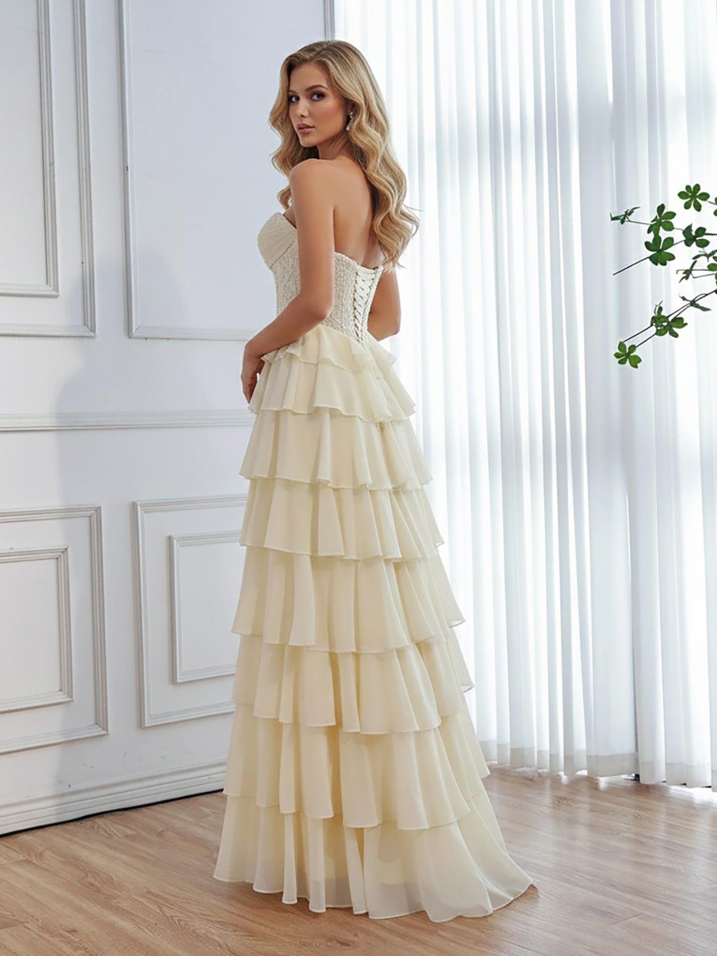 Luxury Yellow Pearl Lace Strapless Beaded Corset A-Line Evening Dress LA73434