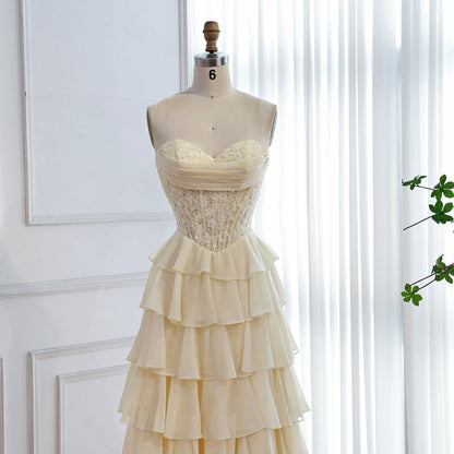 Luxury Yellow Pearl Lace Strapless Beaded Corset A-Line Evening Dress LA73434