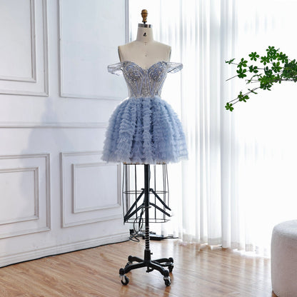 Luxury Blue A-Line Off Shoulder Mini Tulle Beaded Homecoming Dress LA73435