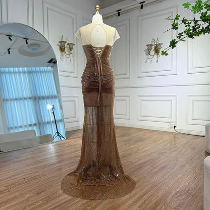 Luxury Saudi Arabic Nude Beaded High Split Evening Dress LA73436
