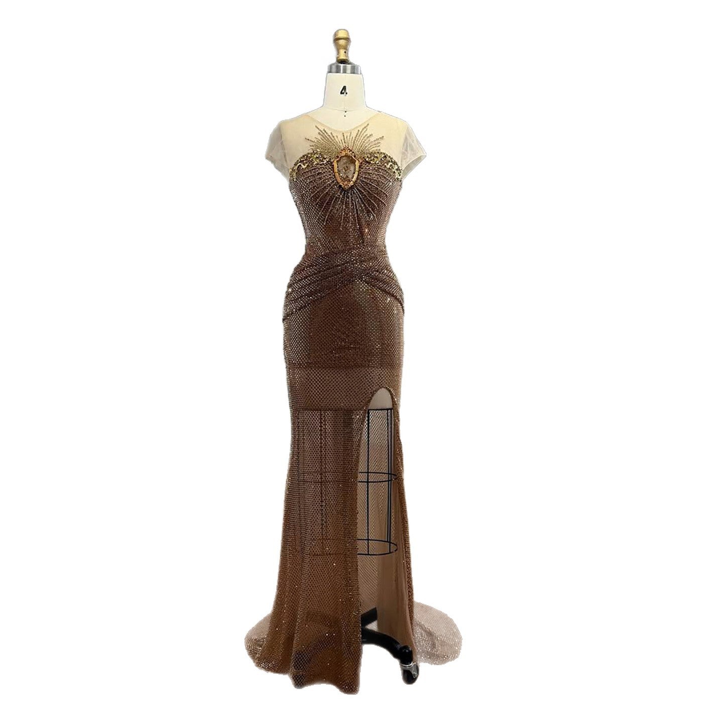 Luxury Saudi Arabic Nude Beaded High Split Evening Dress LA73436