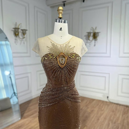 Luxury Saudi Arabic Nude Beaded High Split Evening Dress LA73436