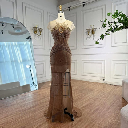 Luxury Saudi Arabic Nude Beaded High Split Evening Dress LA73436