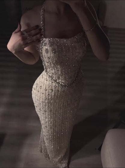 Luxury Nude Halter Neck Elegant Beaded Mermaid Evening Dress LA73442