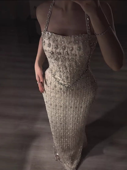 Luxury Nude Halter Neck Elegant Beaded Mermaid Evening Dress LA73442