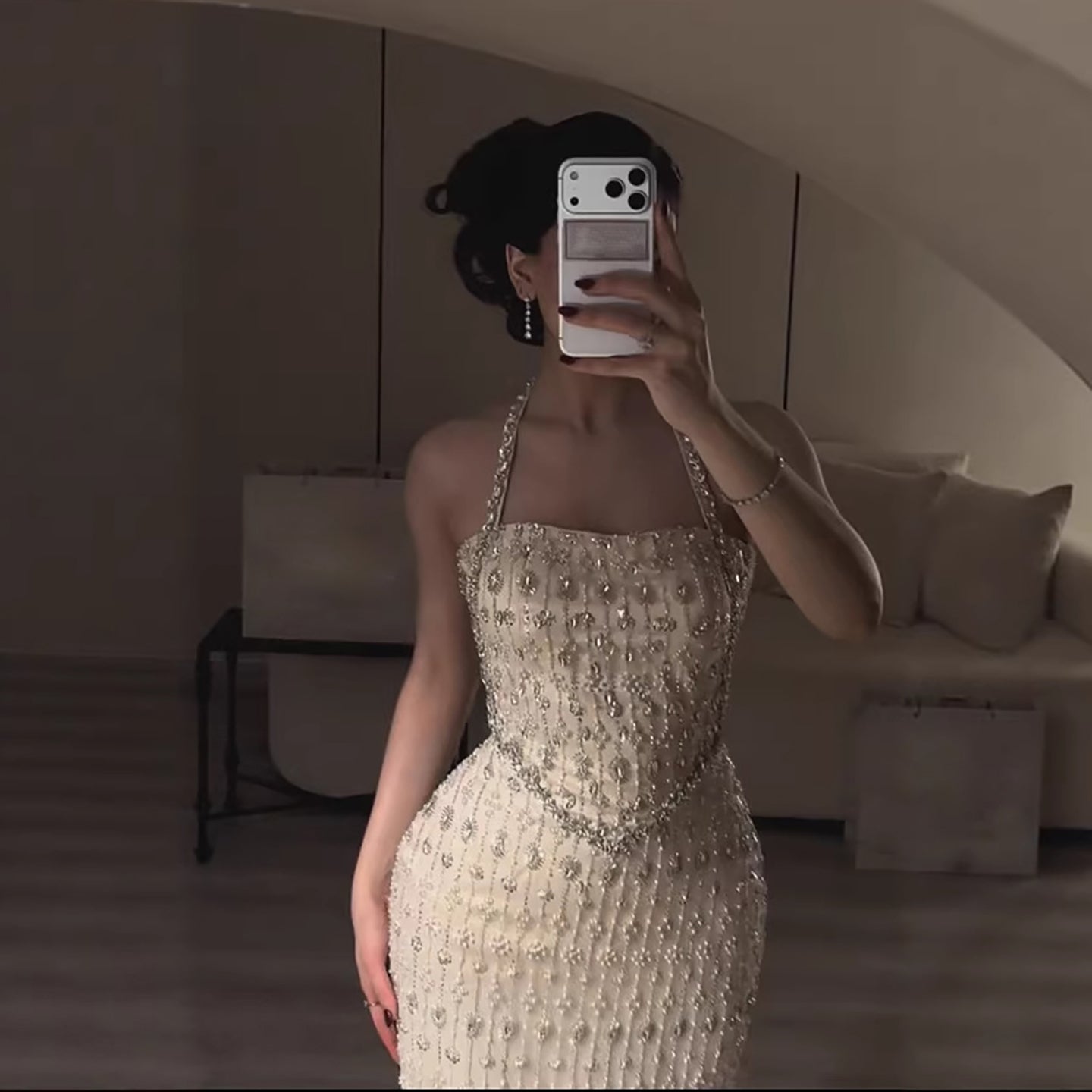 Luxury Nude Halter Neck Elegant Beaded Mermaid Evening Dress LA73442