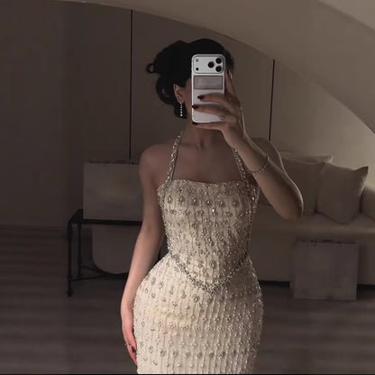 Luxury Nude Halter Neck Elegant Beaded Mermaid Evening Dress LA73442