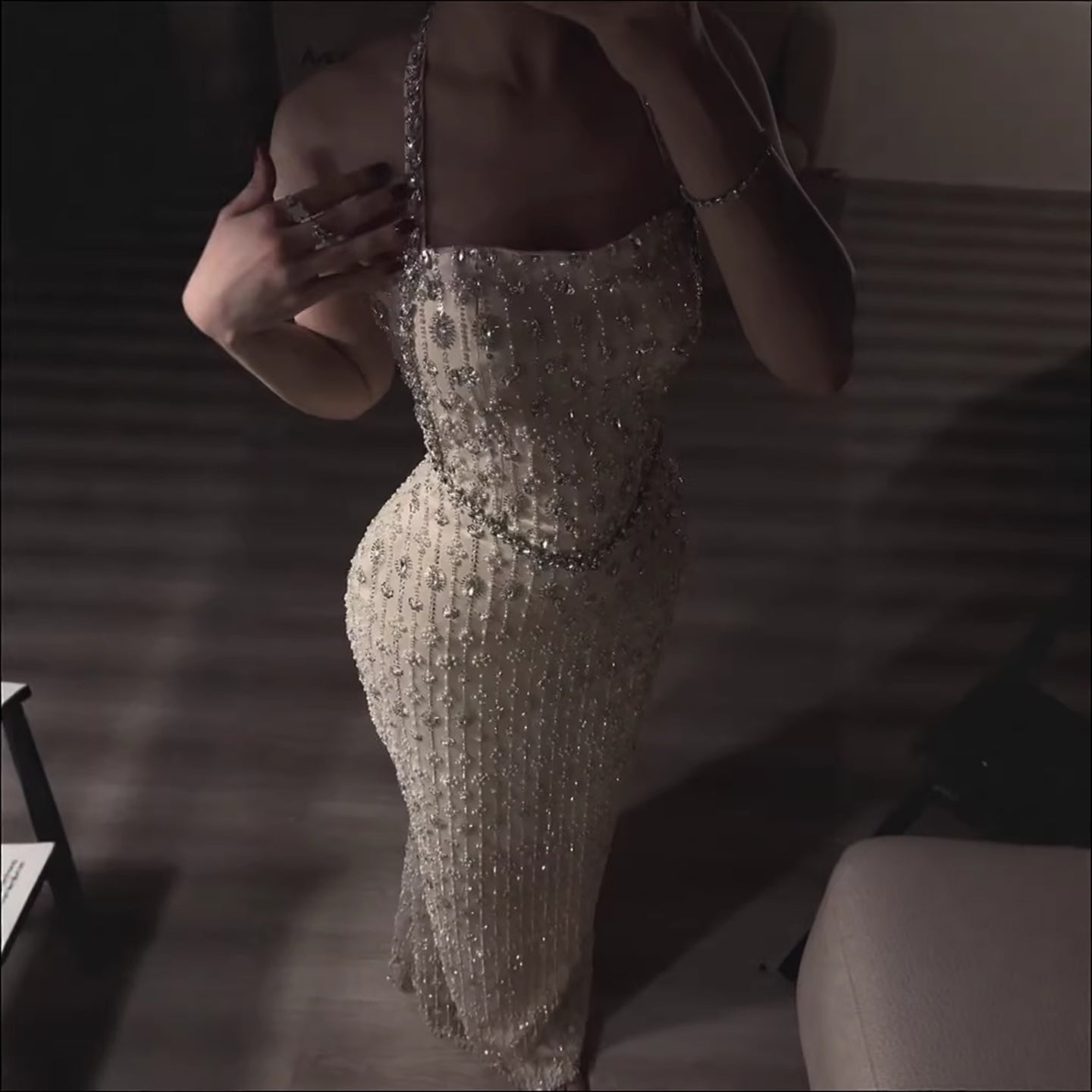 Luxury Nude Halter Neck Elegant Beaded Mermaid Evening Dress LA73442