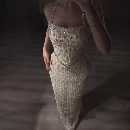 Luxury Nude Halter Neck Elegant Beaded Mermaid Evening Dress LA73442