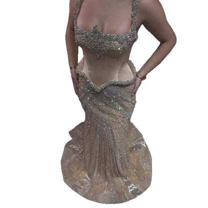 Luxury Nude Spaghetti Strap Diamond Corset Shiny Mermaid Evening Dress LA73443