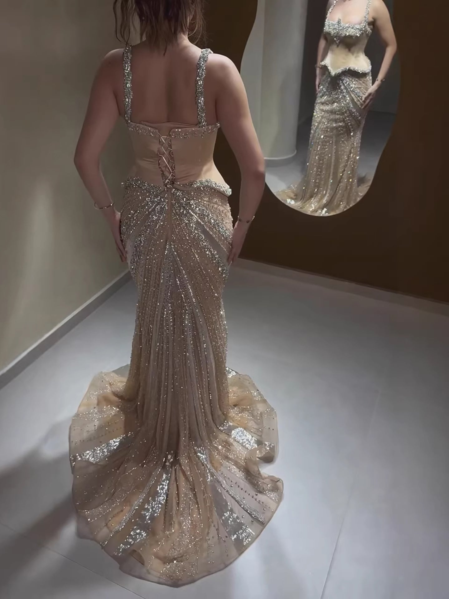 Luxury Nude Spaghetti Strap Diamond Corset Shiny Mermaid Evening Dress LA73443