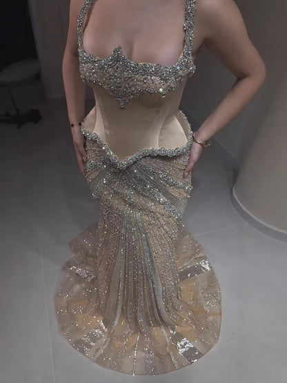 Luxury Nude Spaghetti Strap Diamond Corset Shiny Mermaid Evening Dress LA73443