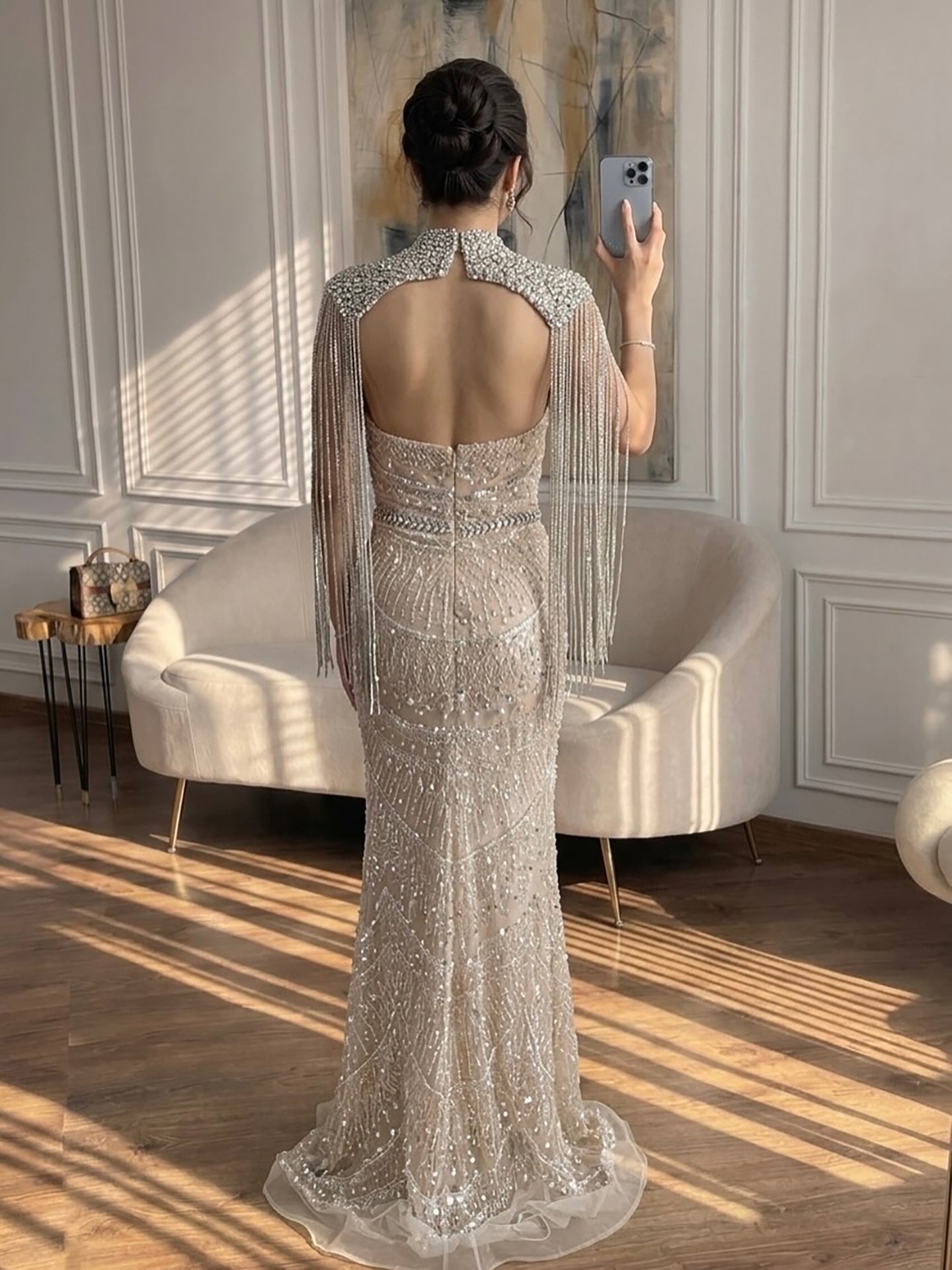 Luxury Nude Crystal Beaded Mermaid Evening Dress With Cape Tassel LA73450A