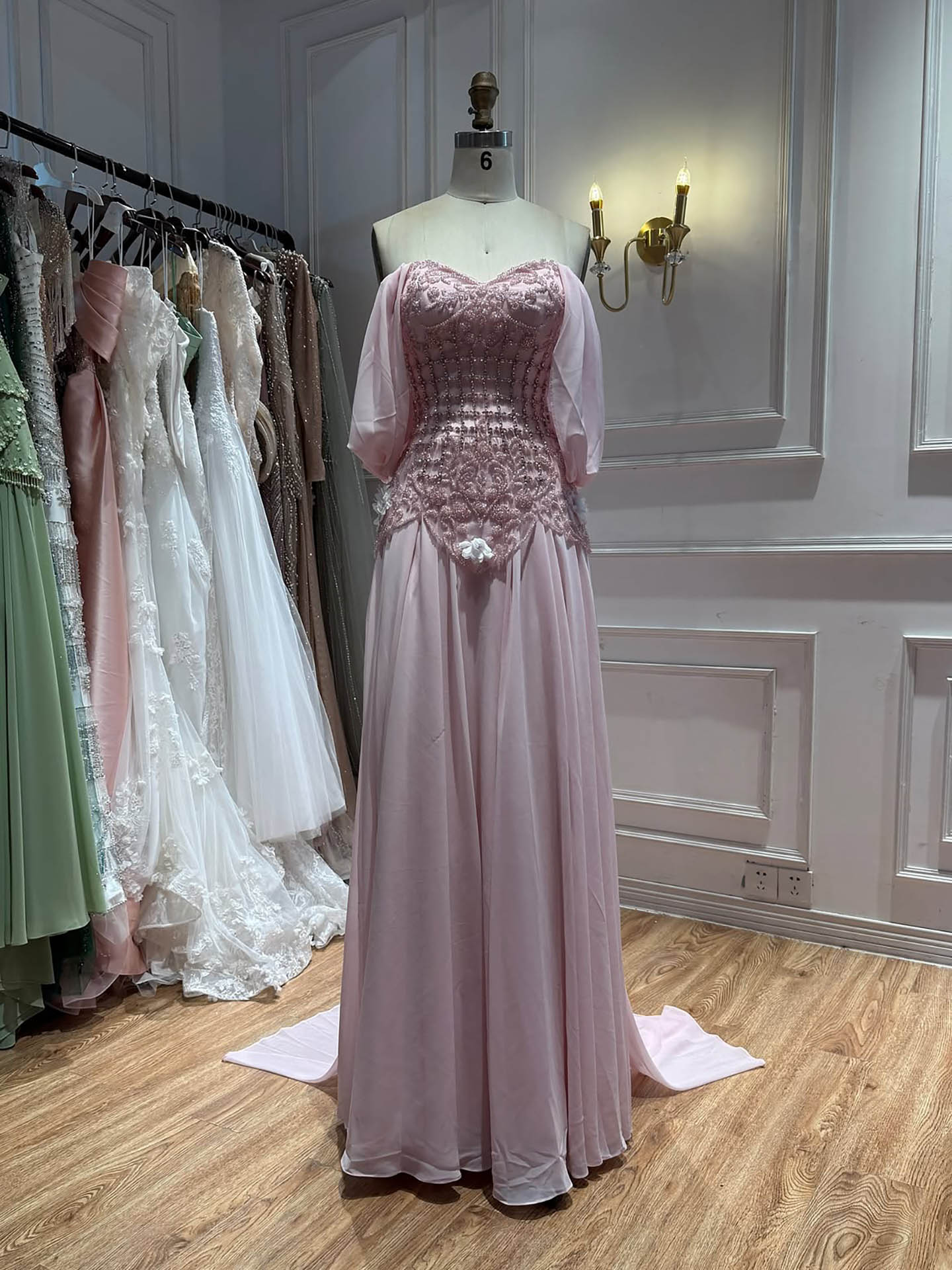 Luxury Pink Beaded Off Shoulder A Line Chiffon Evening Dress LA73451A