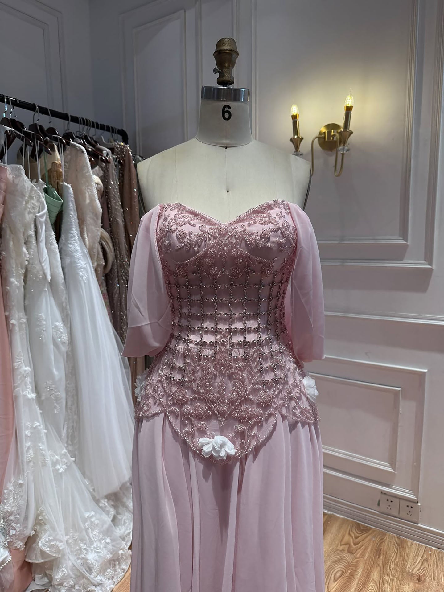 Luxury Pink Beaded Off Shoulder A Line Chiffon Evening Dress LA73451A