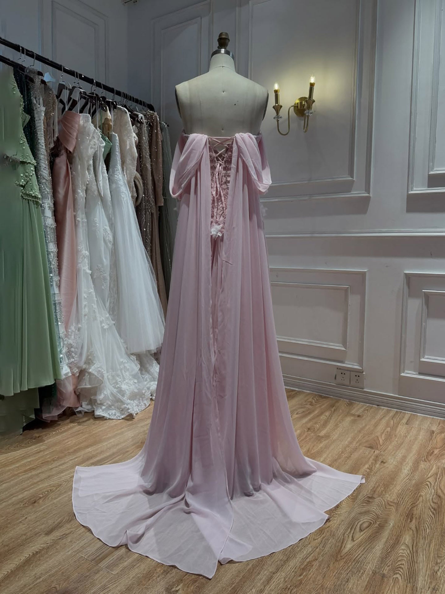 Luxury Pink Beaded Off Shoulder A Line Chiffon Evening Dress LA73451A
