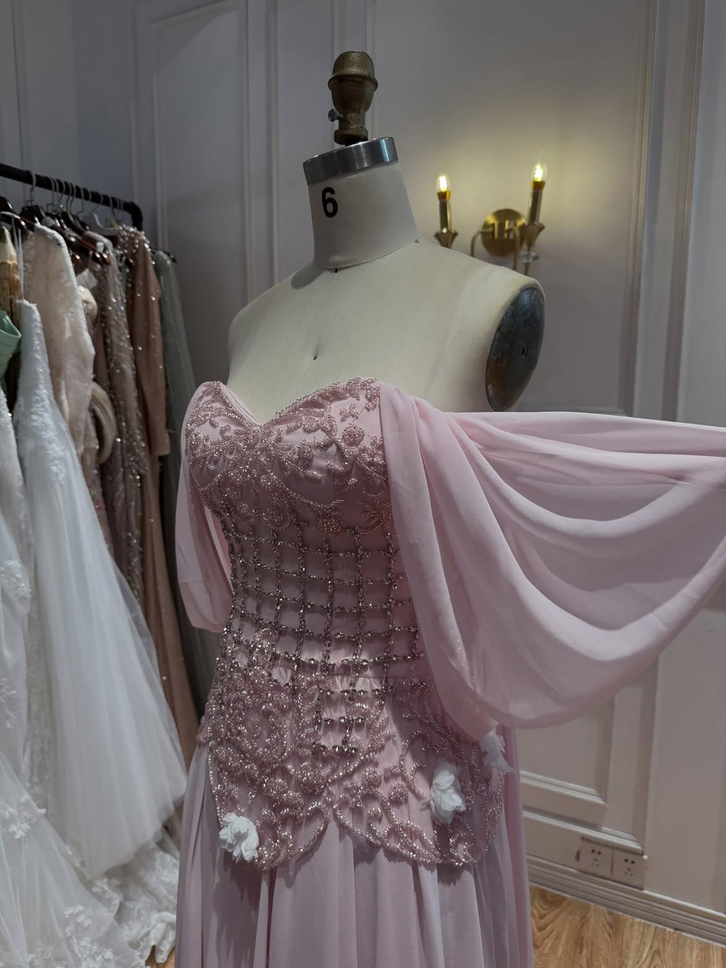 Luxury Pink Beaded Off Shoulder A Line Chiffon Evening Dress LA73451A