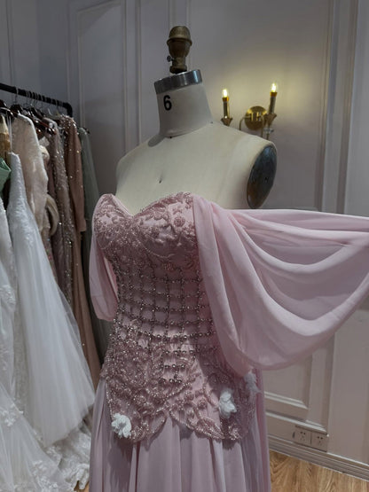 Luxury Pink Beaded Off Shoulder A Line Chiffon Evening Dress LA73451A