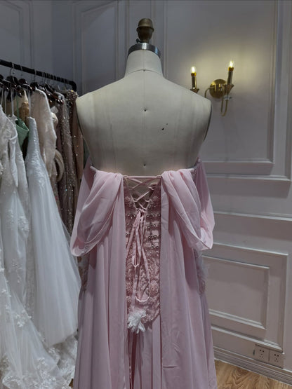 Luxury Pink Beaded Off Shoulder A Line Chiffon Evening Dress LA73451A