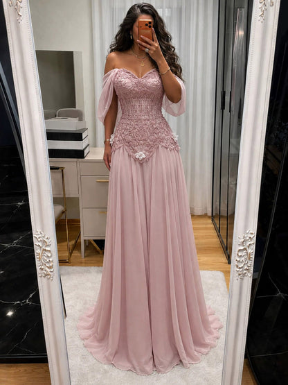 Luxury Pink Beaded Off Shoulder A Line Chiffon Evening Dress LA73451A